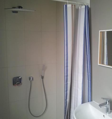 une salle de bain avec douche et lavabo dans l'établissement L'ecole des Filles, à Poncé sur Le Loir