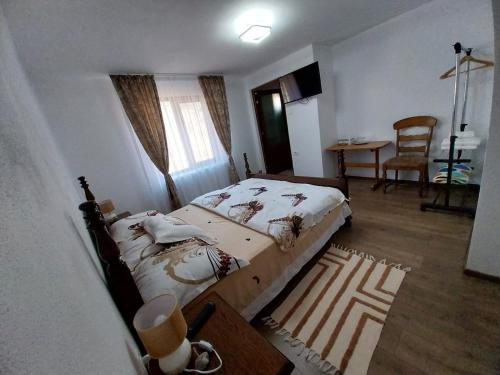 1 dormitorio con 1 cama, 1 mesa y 1 silla en Casa Stefi si Alexia en Polovragi