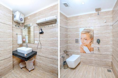 twee foto's van een badkamer met wastafel en toilet bij Townhouse Mamta Enclave Zirakpur - Managed by Company in Zirakpur