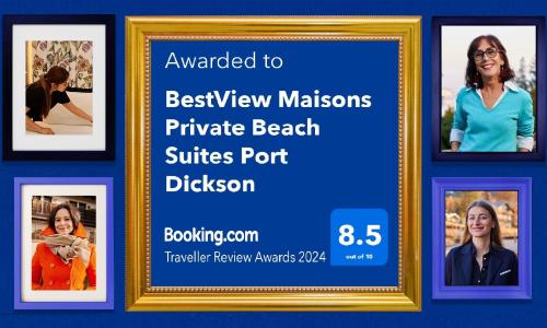 uma moldura com quatro imagens num fundo azul em BestView Maisons Private Beach Suites Port Dickson em Porto Dickson