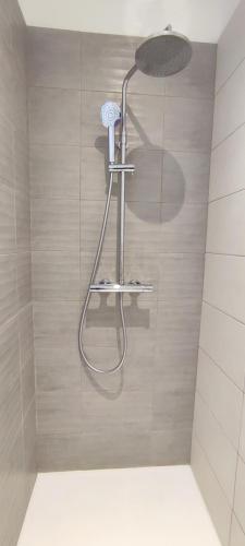 une douche avec pommeau de douche dans une salle de bain dans l'établissement Joli appartement proche forêt et centre-ville, à Cholet