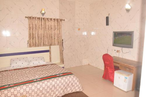 a bedroom with a bed and a tv on a wall at SEE NEW HOTEL in Nsukka