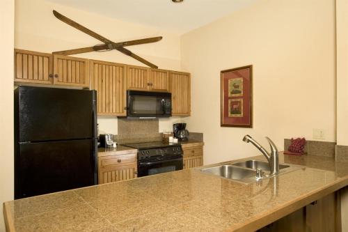 a kitchen with a black refrigerator and a sink at Mountain Thunder Lodge in Breckenridge