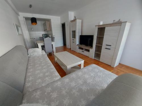 - un salon avec deux canapés et une table dans l'établissement Apartman city center 4-šetalište, à Prijedor
