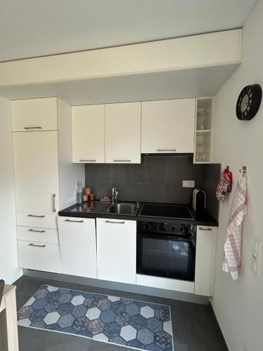 a kitchen with white cabinets and a sink and a stove at La Casa di SaSa in Arbedo-Castione