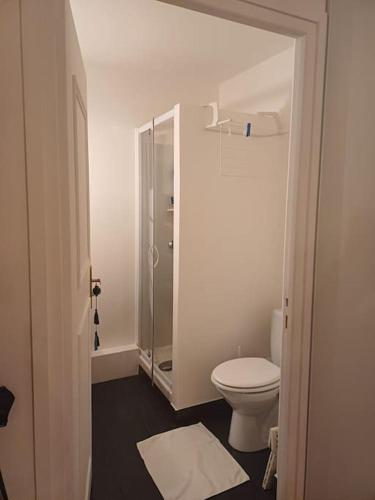 La salle de bains blanche est pourvue d'une douche et de toilettes. dans l'établissement Séjour à Villiers-sur-Marne, à Villiers-sur-Marne