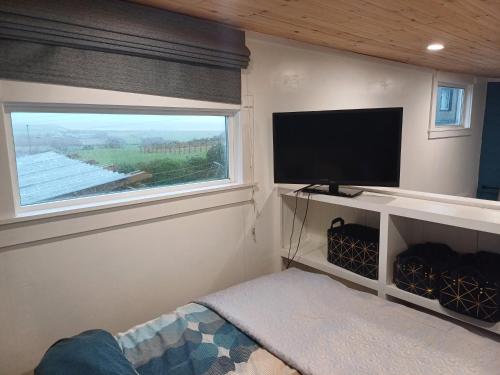 a small bedroom with a tv and a window at The Wee Tiny Home in Eglinton