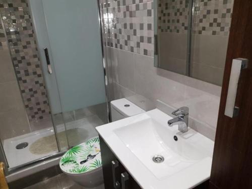La salle de bains est pourvue d'un lavabo, de toilettes et d'une douche. dans l'établissement SWEET HOUSE CLOSE TO AIRPORT, à Barcelone
