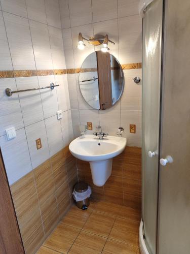 a bathroom with a sink and a mirror and a shower at Chaty Koloděje - oranžový dům in Koloděje nad Lužnicí