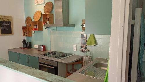 een keuken met een wastafel en een fornuis top oven bij Charmant appartement au cœur de la montagne Corse in Zoza