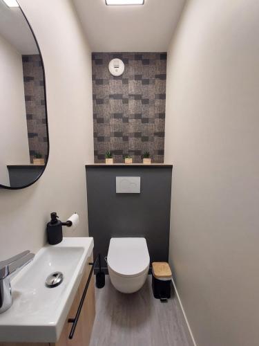 ein Badezimmer mit einem weißen WC und einem Waschbecken in der Unterkunft Appartement avec vue étang et port proche mer in Pléneuf-Val-André