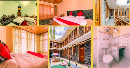 a collage of four pictures of a room at Guest House Naazh in Leh
