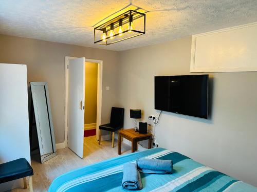 een slaapkamer met een bed en een flatscreen-tv bij Newly refurbished - Near seafront - Retro games machine - Central Brighton - 1 bedroom apartment in Brighton & Hove