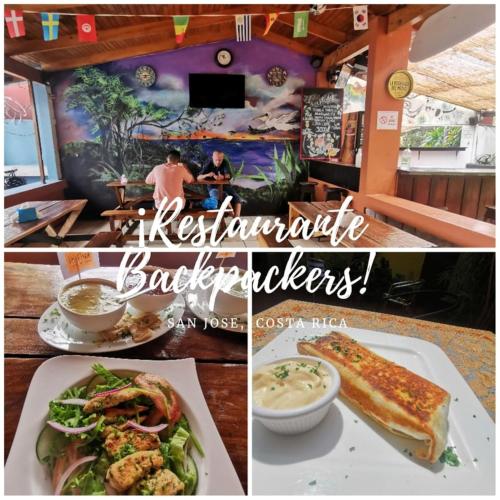 a collage of photos of a restaurant with a plate of food at Costa Rica Backpackers in San José