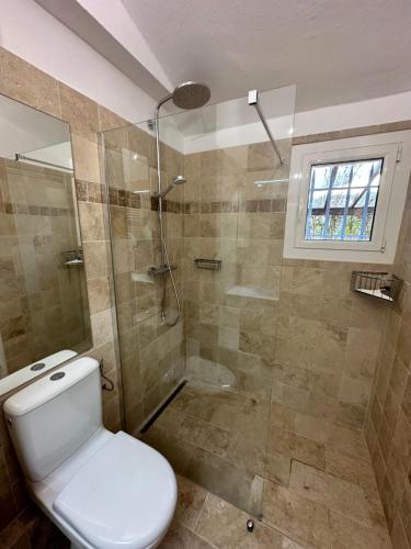 une salle de bain avec toilettes et douche en verre dans l'établissement Appartement Studio ADRIAN - Climatisé - proche du village - piscine - tennis, au Plan-de-la-Tour