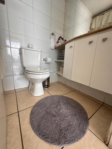 a bathroom with a toilet and a rug on the floor at Mar Serena vista al Mar in La Serena