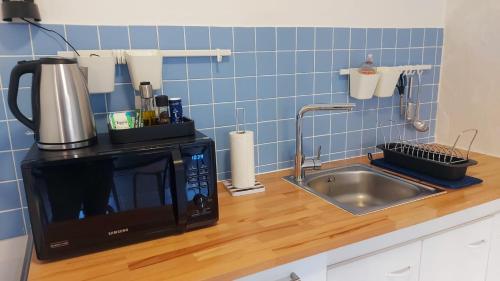 - un comptoir de cuisine avec un four micro-ondes et un évier dans l'établissement APPARTEMENTS DU BOURG • WIFI • CLIM, à Lourdes