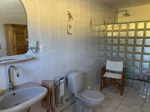 a bathroom with a toilet and a sink and a chair at Traumhaus am Hang mit privatem Pool in Barber