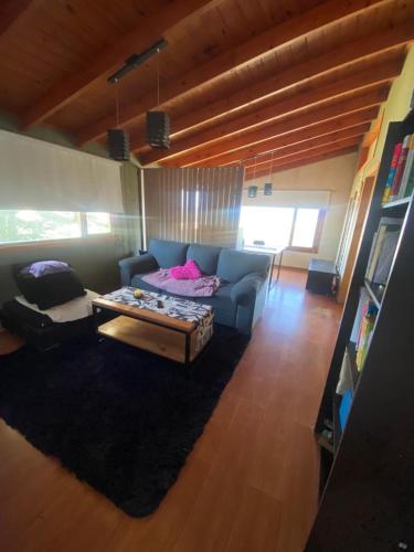een woonkamer met een blauwe bank en een tafel bij Ohana in Ushuaia