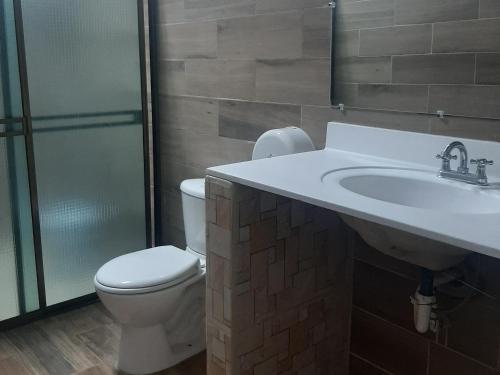 een badkamer met een toilet, een wastafel en een douche bij Hotel Putin in Jinotega