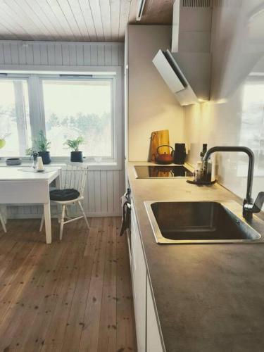 a kitchen with a sink and a table and a window at Cosy Holiday Apt Close to Gondola and Town Center in Narvik