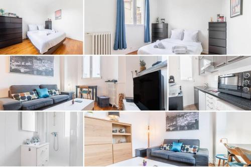 a collage of photos of a living room and a kitchen at Appartement Rousseau F2 in Montrouge