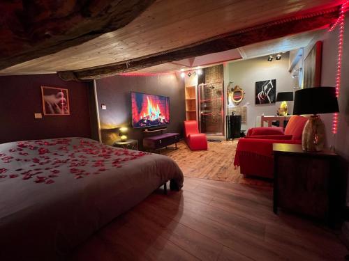 1 dormitorio con 1 cama y sala de estar en À HOME LOVE-SPA, le plus luxueux parmi nos 2 établissements, en Montluel