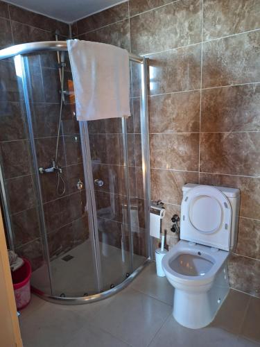 La salle de bains est pourvue d'une douche et de toilettes. dans l'établissement Naylakonak-2, à Cayeli