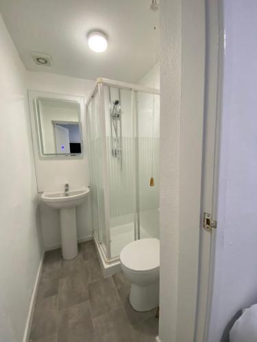 a bathroom with a toilet and a shower and a sink at The New Athena Hotel in Blackpool