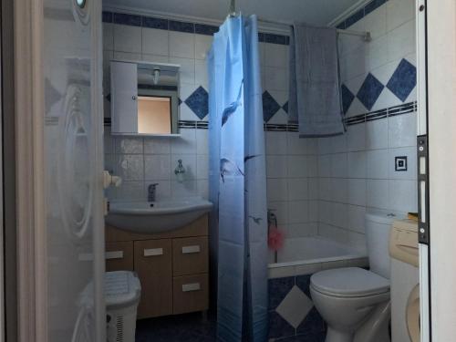 uma casa de banho com um WC, um lavatório e um chuveiro em Kalimera Apartments em Kokkari