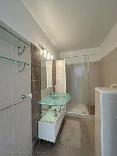 een badkamer met een groene wastafel en een douche bij AGENCIA Appartement 2 pièces lumineux 5e in Cannes