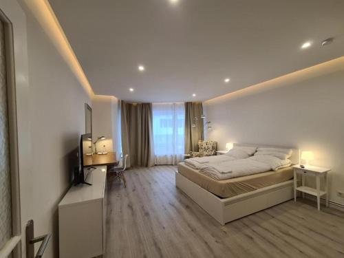 um quarto com uma cama e uma televisão em Soleil Rooms - Pure Living in the City Center em Hanôver