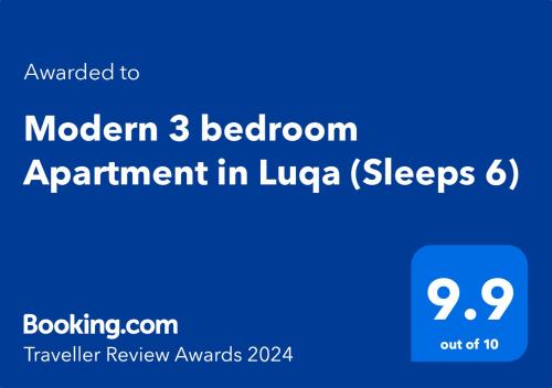 Un certificado, premio, letrero u otro documento en Modern 3 bedroom Apartment in Luqa (Sleeps 6)