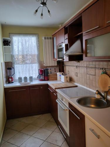 kuchnia z drewnianymi szafkami, umywalką i oknem w obiekcie Przytulne mieszkanie Wola Duchacka w Krakowie