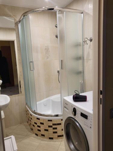 łazienka z prysznicem i pralką w obiekcie Przytulne mieszkanie Wola Duchacka w Krakowie