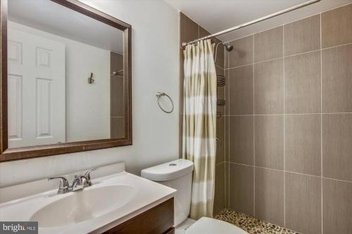 a bathroom with a sink and a toilet and a mirror at LOVELY 2 BEDROOMS APPARTEMENT, LAUNDRY/PARKING/TV in Silver Spring