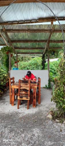 a wooden picnic table and bench under a roof at Mindoxtrem Birds in Mindo