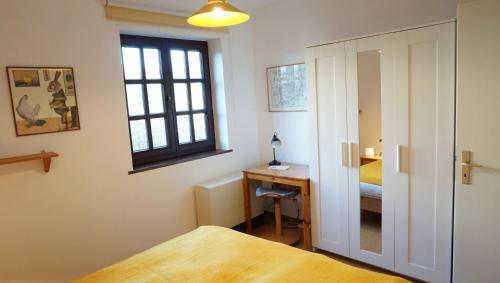 Katingsiel的住宿－Alte Schleuse，一间卧室配有一张床、一张书桌和一个窗户。