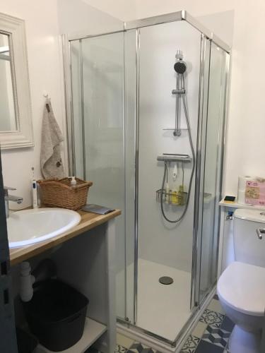 La salle de bains est pourvue d'une douche et d'un lavabo. dans l'établissement Joli appartement calme à Binic dans rue piétonne, à Binic