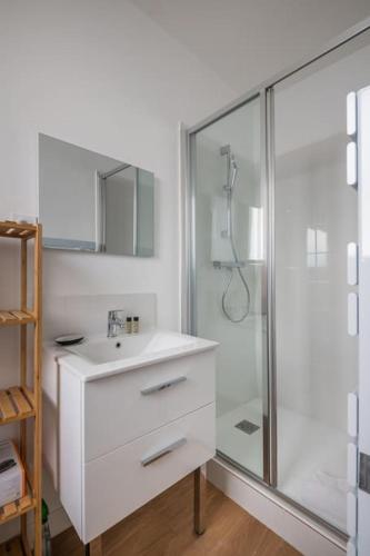 une salle de bain avec un lavabo blanc et une douche dans l'établissement Le Bambou: Grand studio au calme, Climatisé, 5 min de la Gare, à Bordeaux