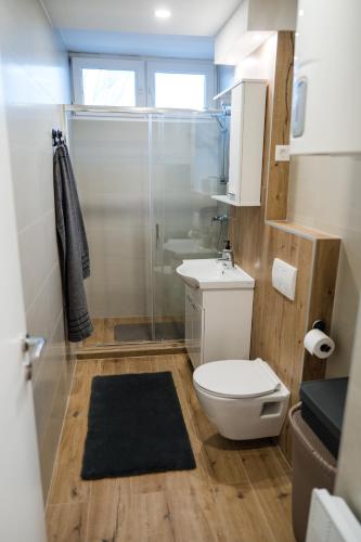 a bathroom with a toilet and a glass shower at Apartman DUJIĆ Vinkovci in Vinkovci