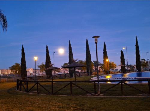 a park with a swimming pool and trees at night at Tranquila y bonita casa in Murcia