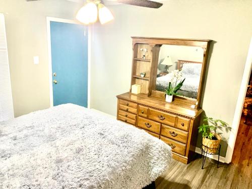 a bedroom with a bed and a dresser with a mirror at Cozy place near FedEx Forum- free shuttle to downtown in Memphis