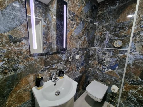 a bathroom with a sink and a mirror at Villa Międzyzdroje in Międzyzdroje