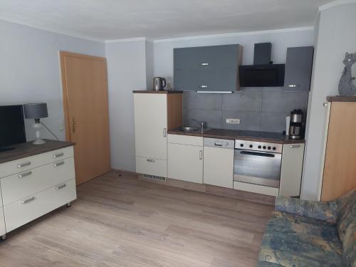 uma cozinha com armários brancos e electrodomésticos de aço inoxidável em Haus Holzer em Dorfgastein