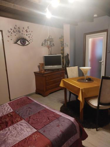 - une chambre avec un lit et une table avec une télévision dans l'établissement Sci la MIJOTIERE, à Fourques-sur-Garonne