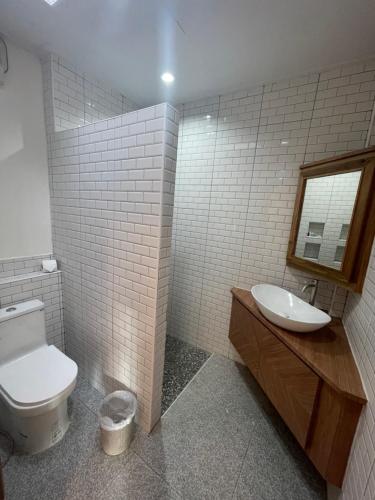 ein Badezimmer mit einem WC, einem Waschbecken und einem Spiegel in der Unterkunft Marina Resort Koh Phayam Ranong in Ko Phayam