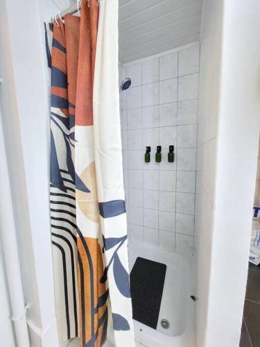 y baño con ducha y cortina de ducha. en appartement style haussmannien, en Bruselas