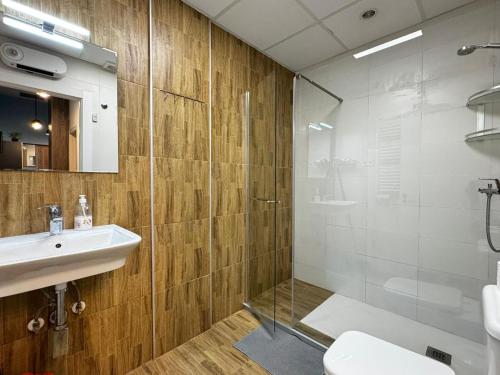 a bathroom with a shower and a sink and a toilet at Grandera Apart`s - Lliri 32 in Valencia