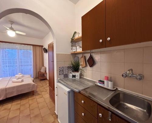 eine Küche mit einem Waschbecken und ein Bett in einem Zimmer in der Unterkunft ANGELOS STUDIOS 1-2 Ground Floor in Faliraki
